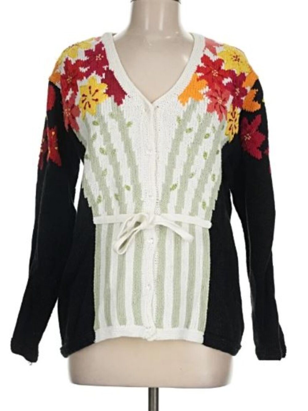 Storybook Knits Vtg 90s Ramie Blend Knit Cardigan Sweater Floral Beaded Medium